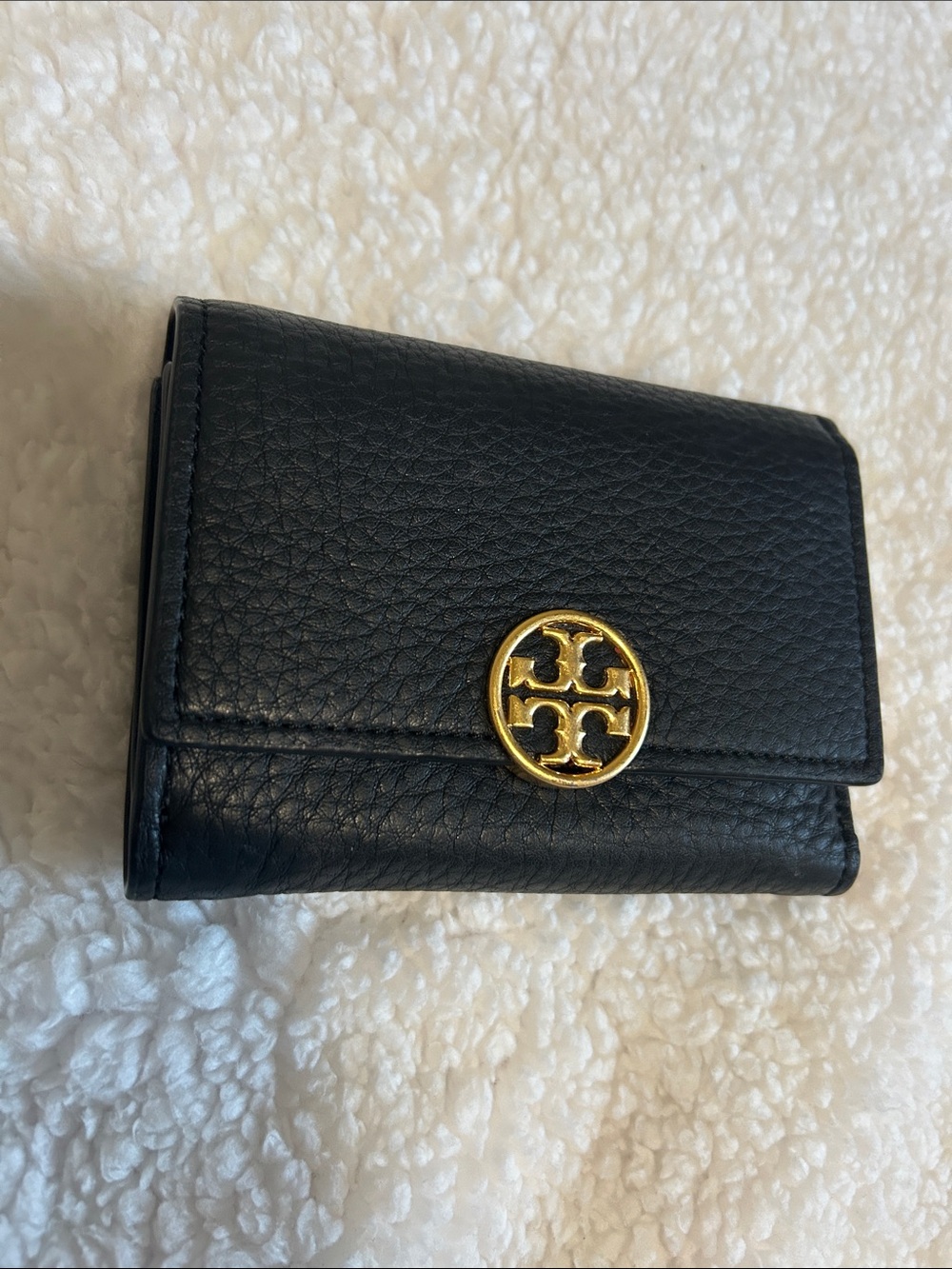 Tory Burch Black Pebbled Leather Card Holder with Gold Emblem